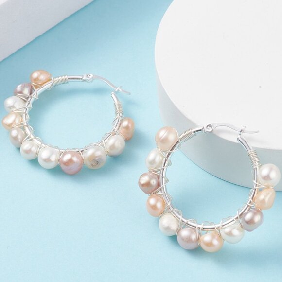 NWOT Natural Multi color Medium size Handmade wire wrap pearl hoop earring - Picture 1 of 5